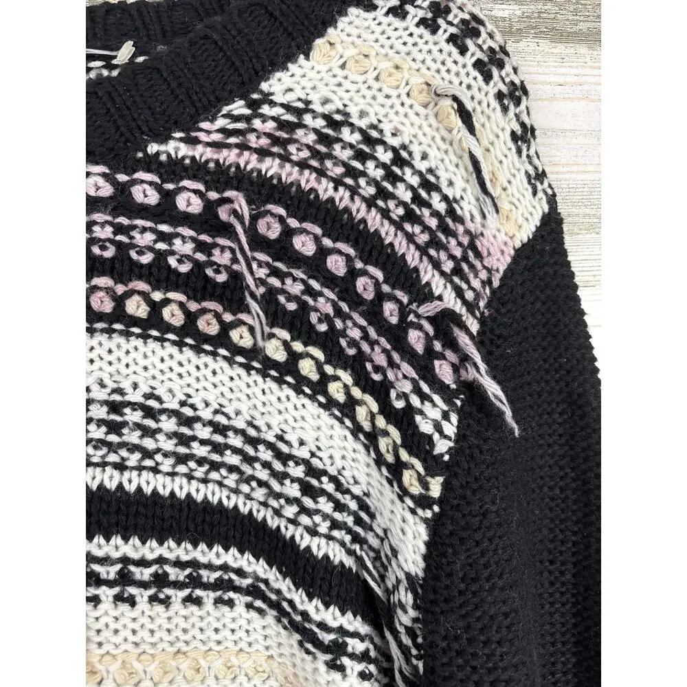 POL Womens S Black Pink Distressed Long Sleeve Cotton Boho Sweater NEW
